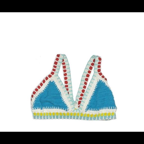 Bali Chic Crochet Boho Knit Blue Pull on Swimsuit Top XL - Picture 6 of 6